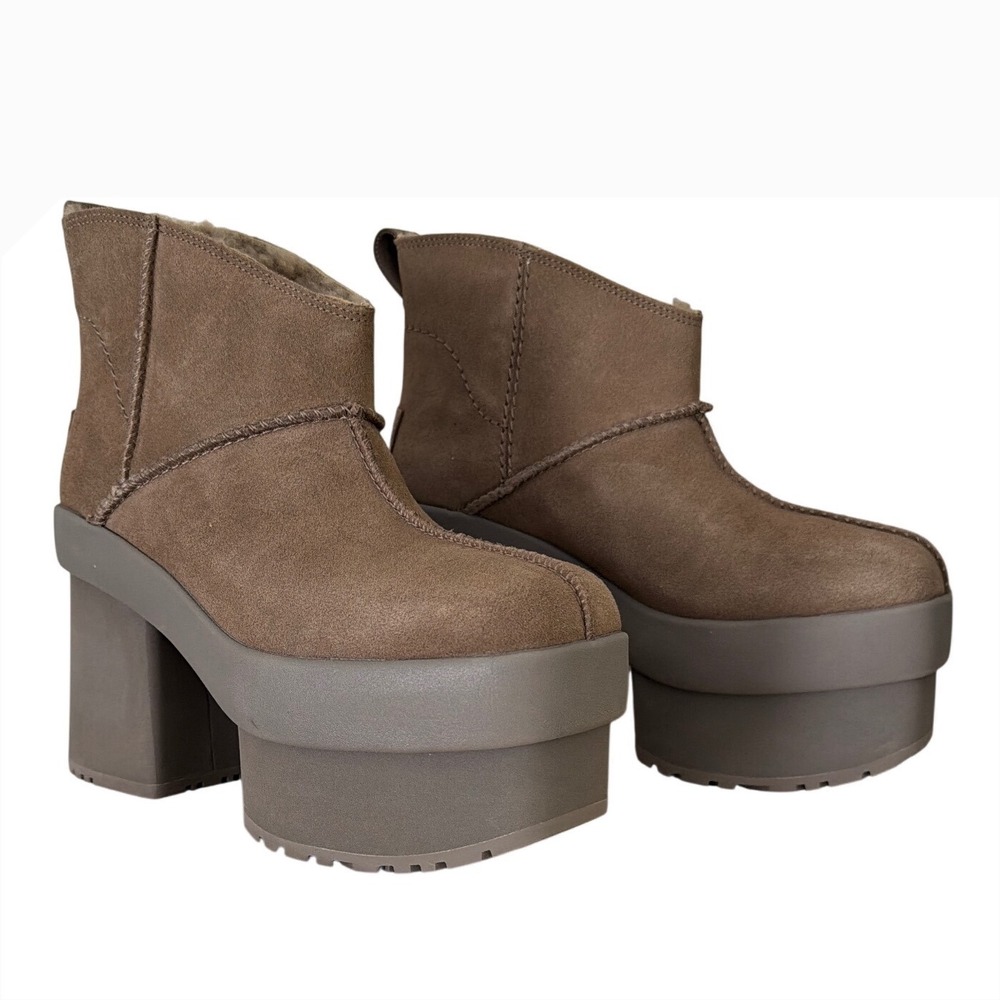UGG New Heights Platform Mini Hickory Brown Suede Block Heel Boots 1157910 7.5